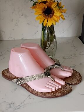 Tory Burch Brown Snake-Print Thong Sandals